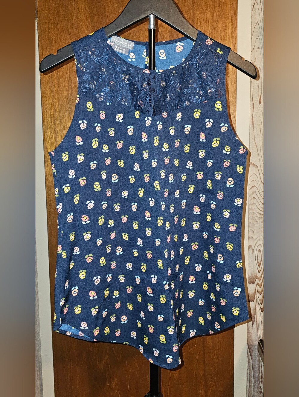 Van Heusen Navy Floral Lace Yoke Sleeveless Top